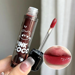 WR PINKCOCO Bear Doodle Mirror Lip Glaze — Long-Lasting Shiny Lip Gloss, Student-Friendly, Skin-Brightening Nude Lipstick
