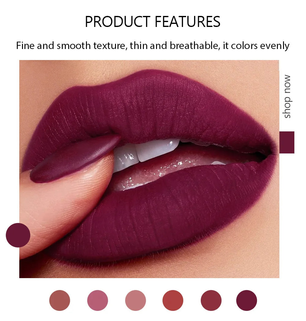 WR 6-Color Matte Lipstick , Non-Fading, Non-Stick Cup Long-Lasting Velvet Finish, Smooth Matte Lip Color Waterproof Smudge-proof