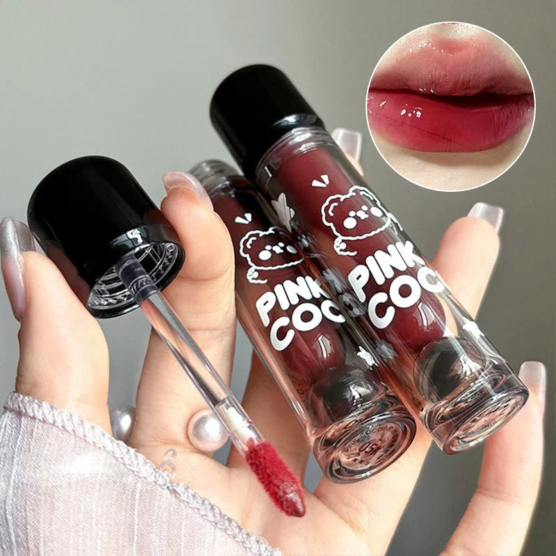 WR PINKCOCO Bear Doodle Mirror Lip Glaze — Long-Lasting Shiny Lip Gloss, Student-Friendly, Skin-Brightening Nude Lipstick
