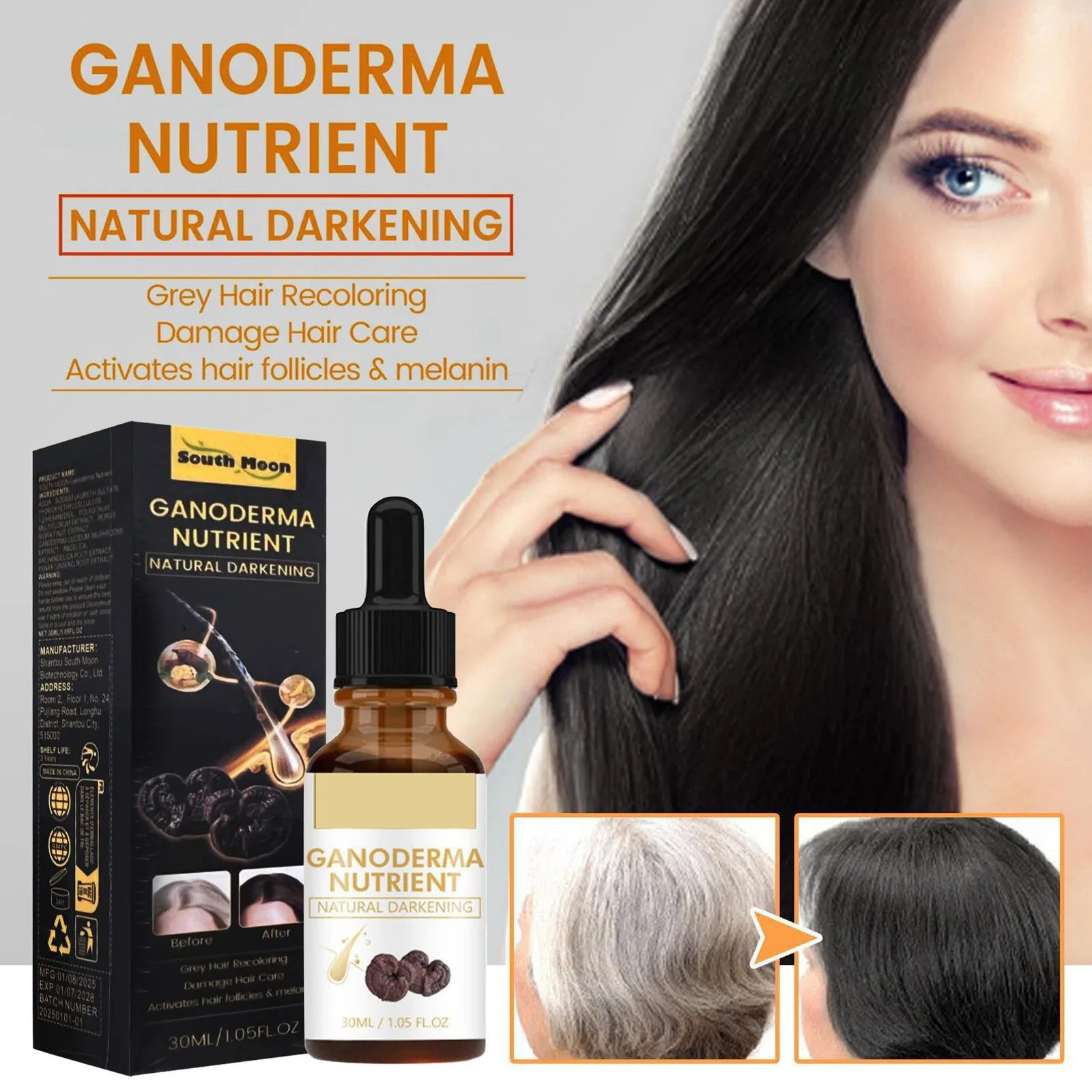 Ganoderma Hair Darkening Serum – Natural Anti-Grey Formula for Thicker, Healthier Hair (30ml x 2)